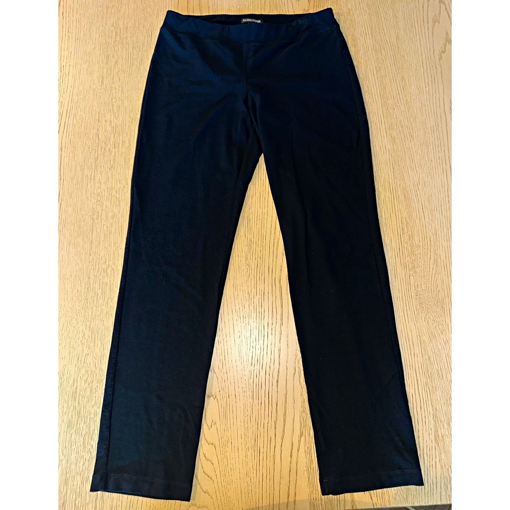 Eileen Fisher Black Knit Pull-On Straight Leg Pants Stretch Flat Front 27" XS